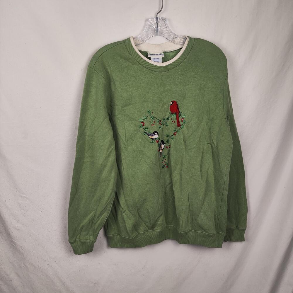 Blair Sweatshirt Womens Medium Green Fleece Bird Embroidered Crew Neck Pullover
